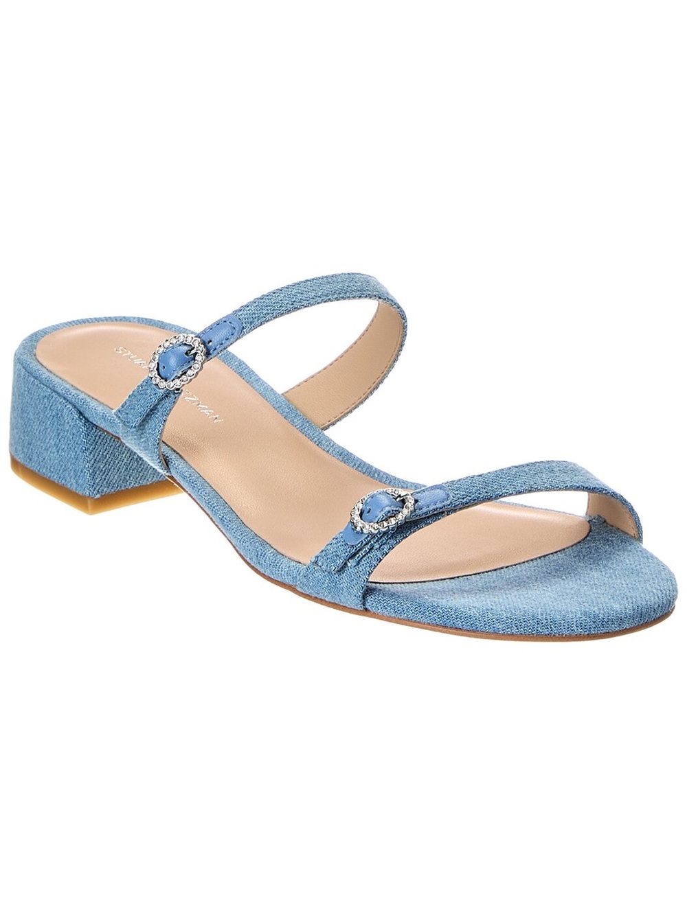 ‼️NEW Stuart Weitzman Ginger Denim Mules with Crystal-Embellished Buckles